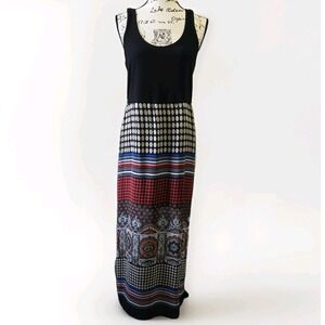 Vince Camuto Chiffon Maxi Dress Sz L Black‎ Bodice Multi Color Overlay Y2K Artsy